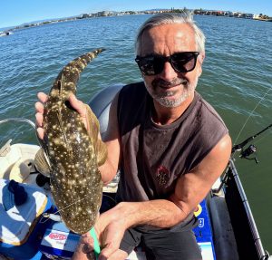 Pierre landed this 62cm Flathead using a Zman 3 inch minnowz soft plastic while on a charter with Clint from Brad Smith Fishing Charters