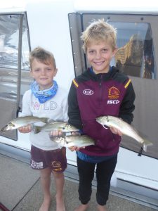 Tyler and Cruze had some school holiday fun catching a nice feed of Whiting with Wayne Young in the Nerang River 