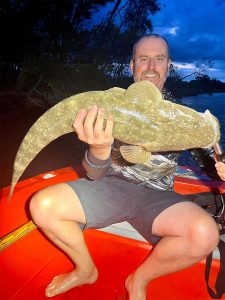 Andy Langham had a great time on his Coomera Houseboat holiday catching and releasing this monster Flathead at Jumpinpin