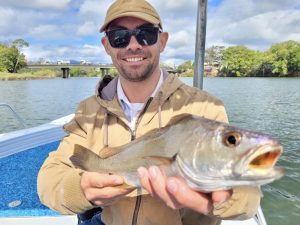 Jordan was stoked to catch his first ever Jewie on a Tweed River Charter with Brad Smith